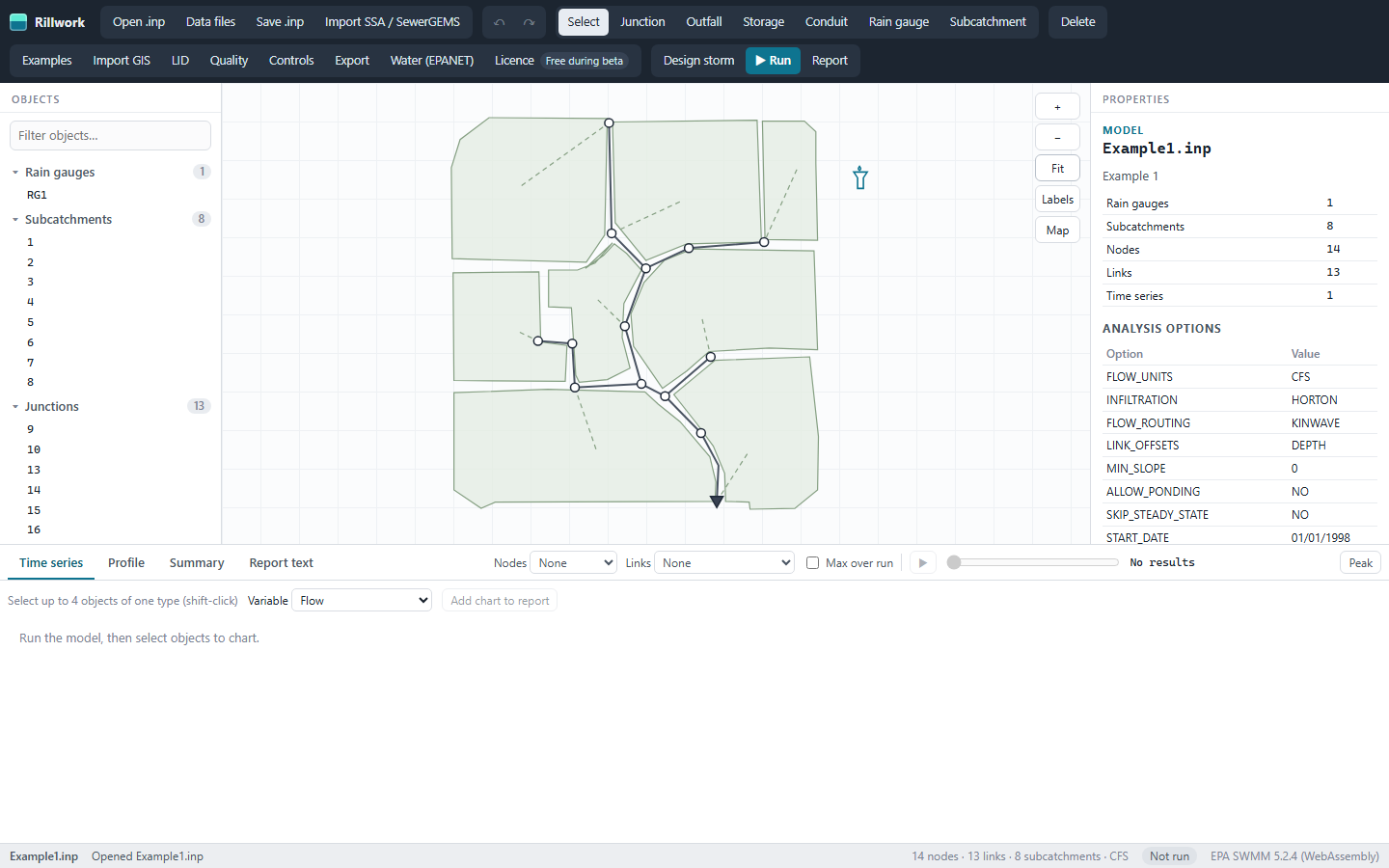 The network editor with EPA's Example 1 open: the object list on the left, the network in the middle and the toolbar along the top.